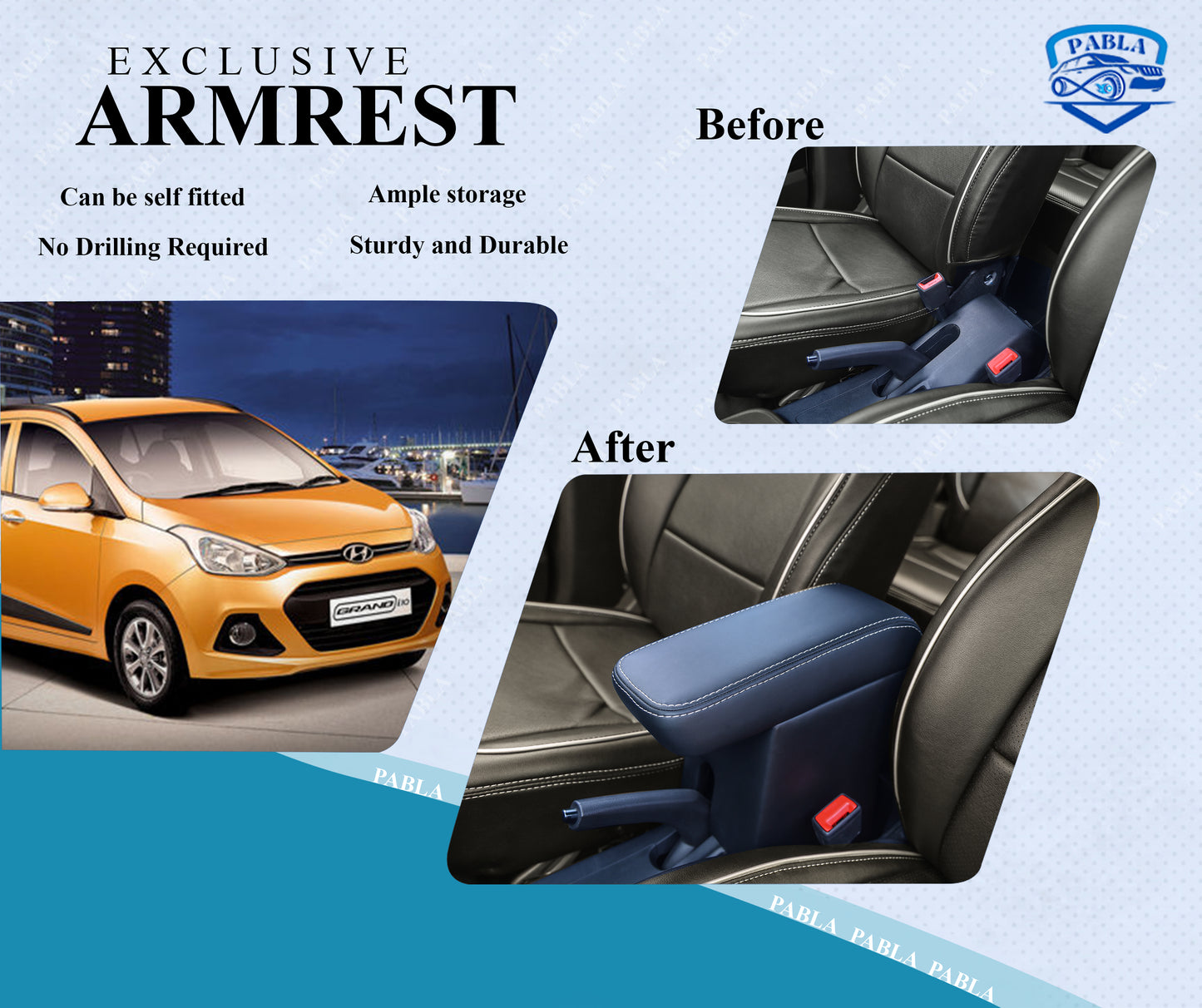 PABLA Car Center Armrest compatible with HYUNDAI- i-10 Grand, Grand Nios, New Sentro 2019 to 2026 model, Aura, X-cent, Black, Premium Comfort Padding, Spacious Storage Compartment, Easy Installation