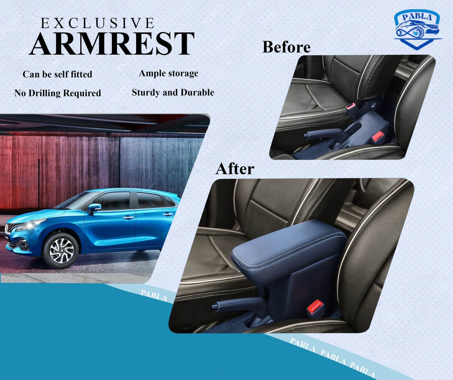 PABLA Car Center Armrest compatible with NEXA BALENO (BLACK) Premium Comfort Padding, Spacious Storage Compartment, Easy Installation