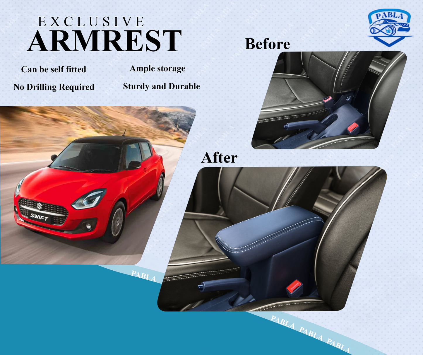 PABLA Premium Comfort Padding, Spacious Storage Compartment, Easy Installation Car Armrest With Storage For Swift 2011-2023,Eon Old Dzire/Dzire Tour/Celerio/Ritz,SX4/Ignish/TATA Vista/Manza/Zest/Bolt/Amaze,Mobilio,Brio,BRV(Black)