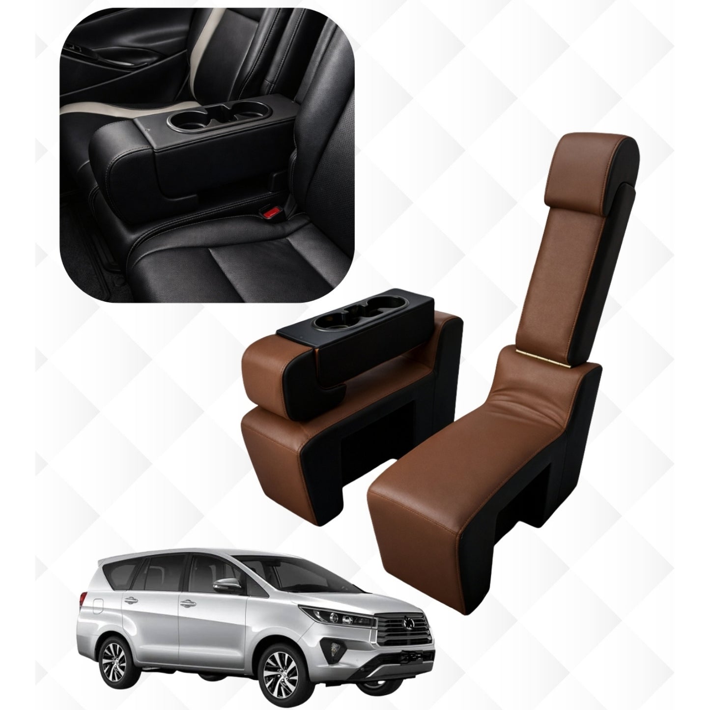 Pabla Wooden Car Center Seat & Premium Convertible Armrest with 2 Bottle and Mobile Holder COMPATABLE WITH INNOVA CRYSTA 2016-2025 (Black and Tan)