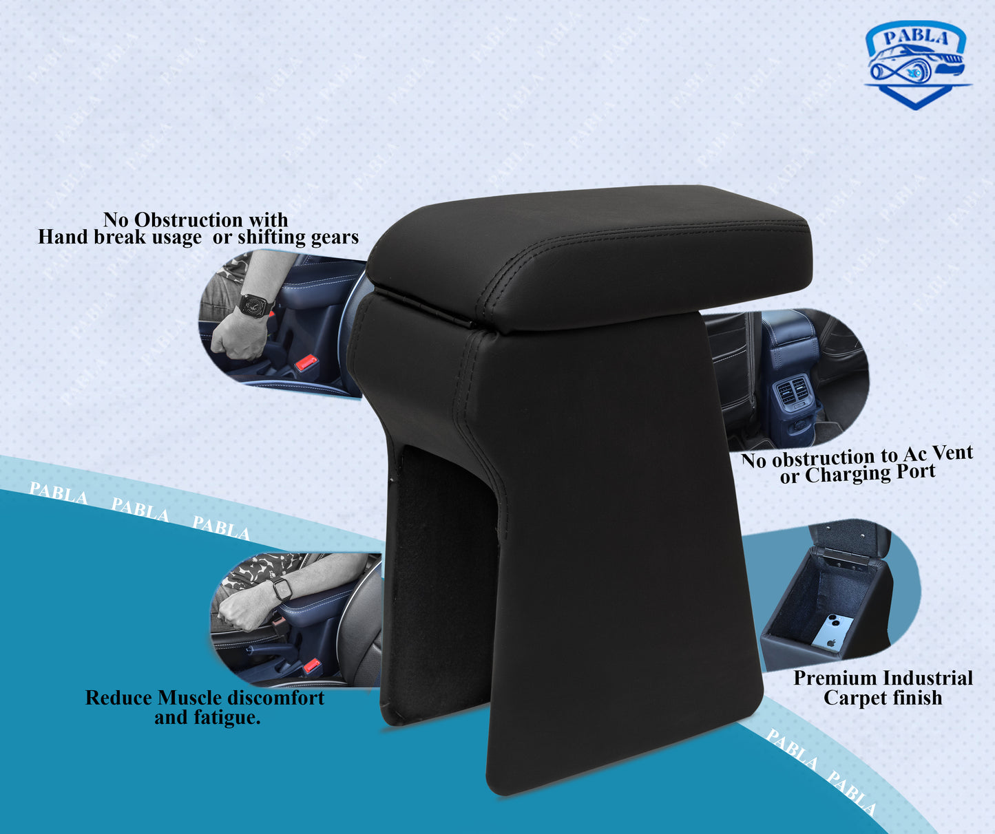 PABLA Car Center Armrest compatible with NEXA BALENO (BLACK) Premium Comfort Padding, Spacious Storage Compartment, Easy Installation