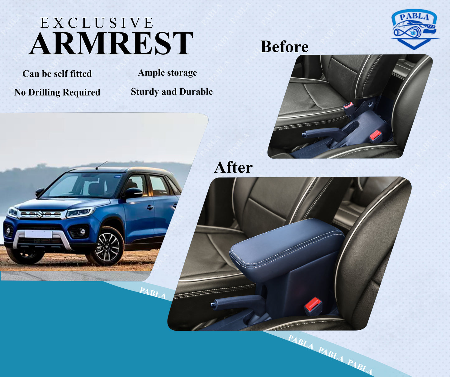 PABLA Car Center Armrest compatible with NEXA OLD BREZZA 2016-2022, S-CROSS, GRAND VITARA, TOYOTA HYRYDER , Black, Premium Comfort Padding, Spacious Storage Compartment, Easy Installation