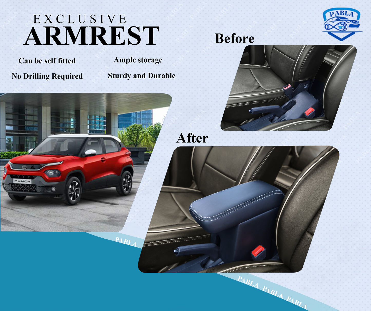 Pabla 2.0 High-End Car Center Armrest with Storage Compartment and Ultimate Comfort for TATA PUNCH (Not For Punch.ev) (Black Color)Premium Comfort Padding, Spacious Storage Compartment, Easy Installation